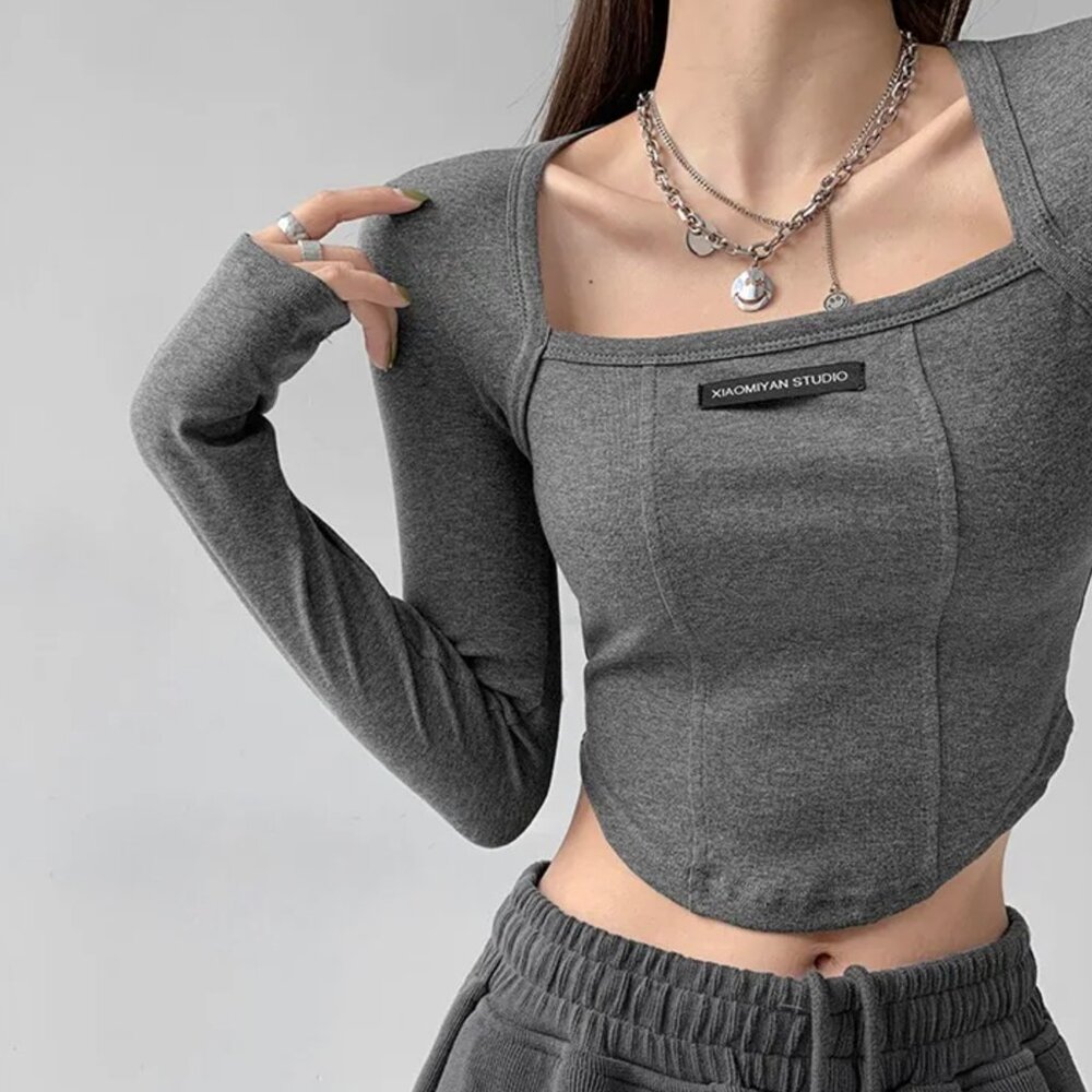 yesstyle cropped gray square neck long sleeve | womens crop tops